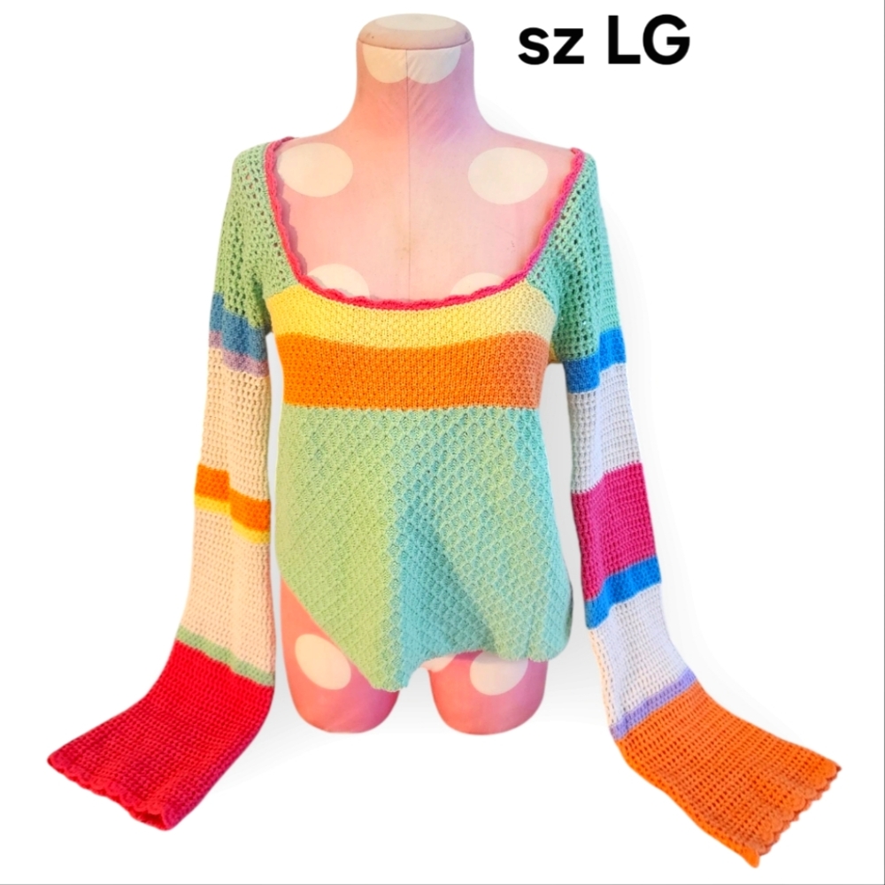 Pink Lily sz Large Crochet Open Back Pastel Rainbow Color Block Sweater